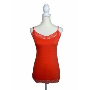 Deb Y2K Coral Orange Lace Trim Cami Tank Top Large Adjustable Straps Coquette
